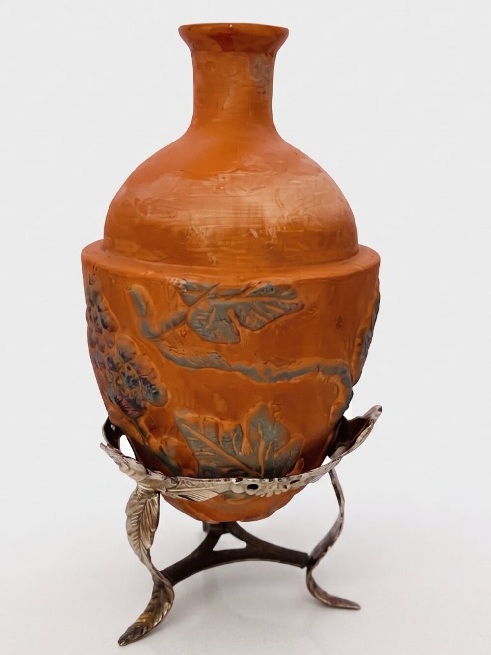 Vintage Terracotta Vessel Raised Leaf Fruit Motif Brass Stand Rustic Vase 13.5”